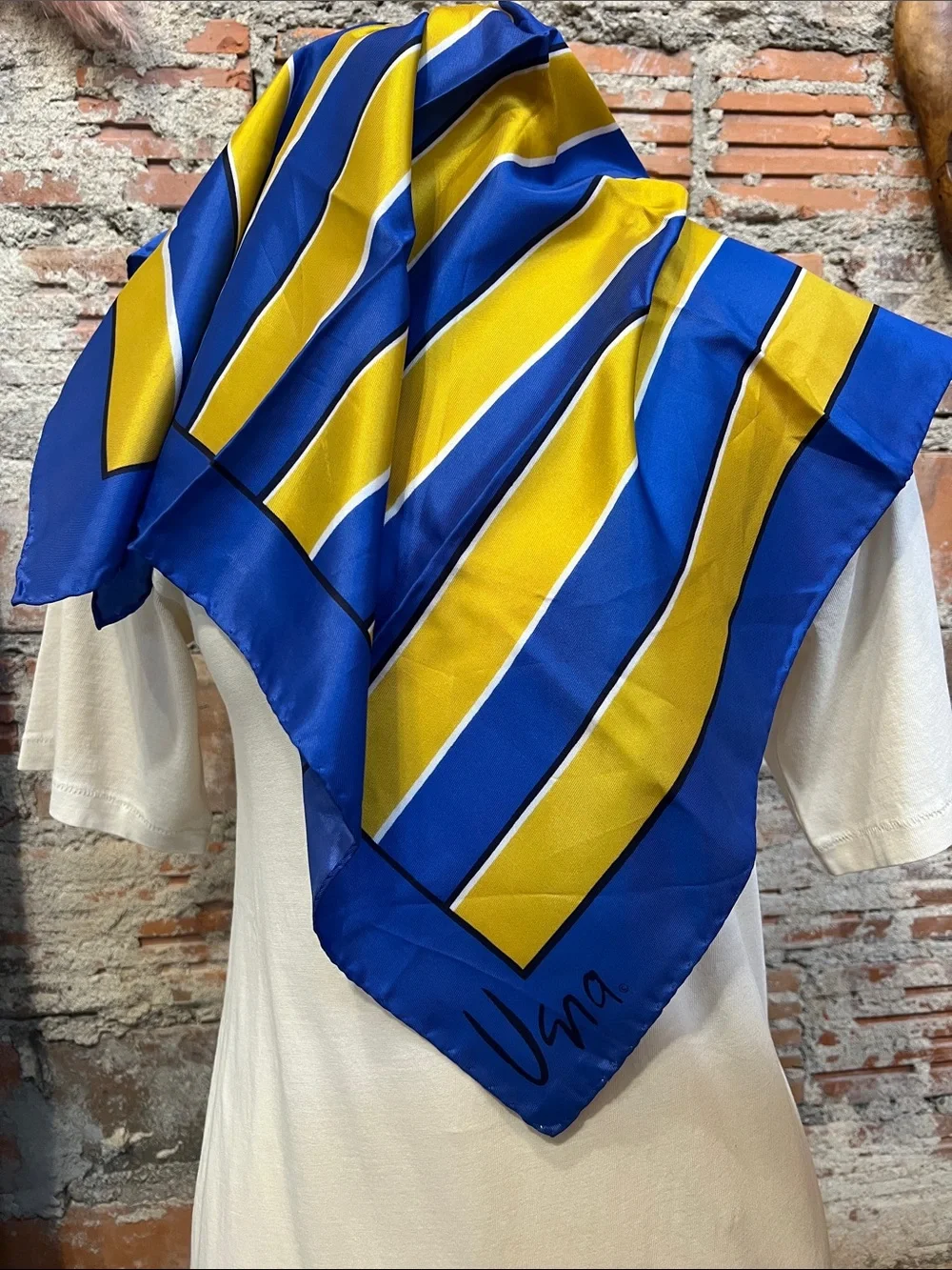 Vintage Vera Neumann blue / gold scarf 100% acetate made in Italy large logo